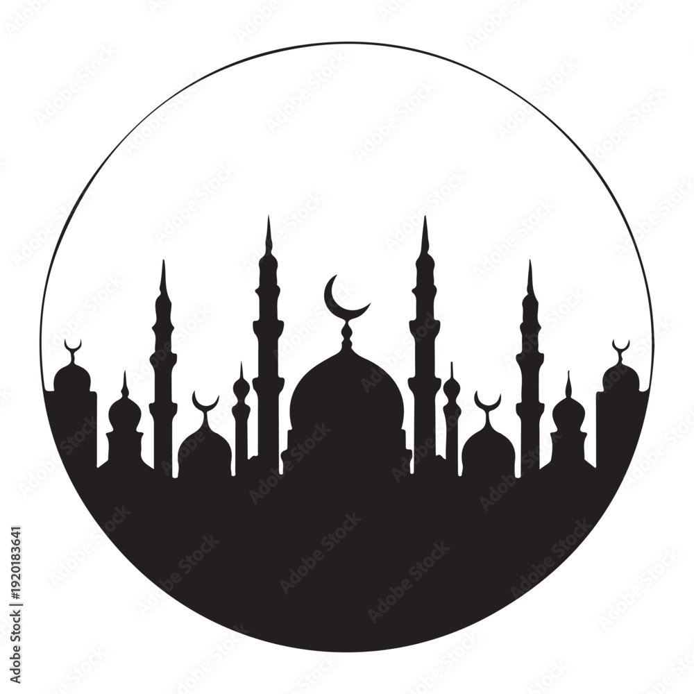 Fototapeta premium Ramadan Mubarak traditional mosque silhouette round emblem with crescent icon