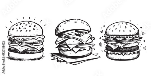 Three hand-drawn burger illustrations with various toppings and styles