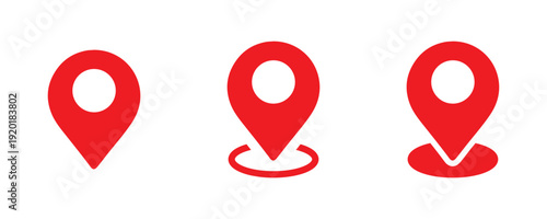 Red location pin icon set. Map marker and navigation symbol vector.