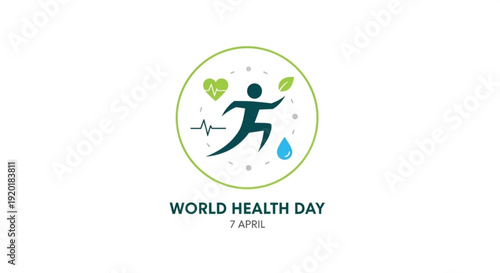 World health day logo with running figure heart leaf and water drop on white background symbolizing wellness and healthcare