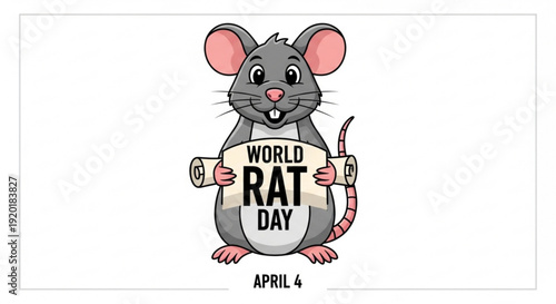 Cartoon rat holding world rat day sign on april 4 cute grey rodent with pink ears and tail