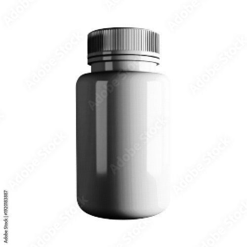 Black and white halftone pill bottle illustration isolated on white background. Vintage engraved style medicine container symbolizing pharmacy, healthcare and supplement concept.