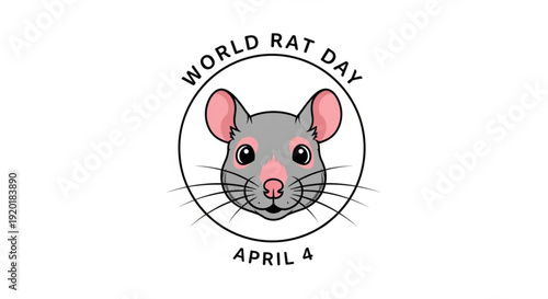 World rat day logo with cute cartoon rat face and april 4 date in black circle on white background