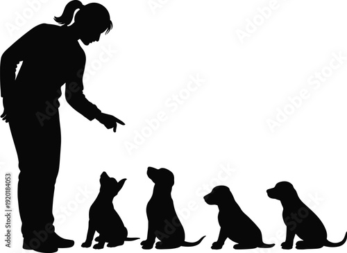 Dog Training Silhouette with Woman Trainer Teaching Puppies Obedience Commands Black Shadow Illustration Isolated on White Background Pet Education Concept