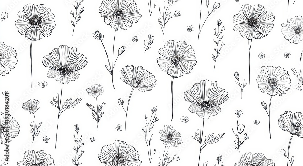 Fototapeta Elegant Hand-Drawn Monochromatic Floral Seamless Pattern with Delicate Wildflowers Sketch.