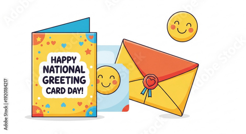 Colorful greeting cards and envelopes with smiley faces on national greeting card day