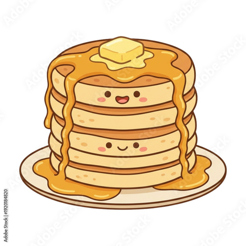 A delicious breakfast illustration of a stack of pancakes with cream and butter on a plate, featuring a sweet dessert isolated on a white background in a clean cartoon vector style