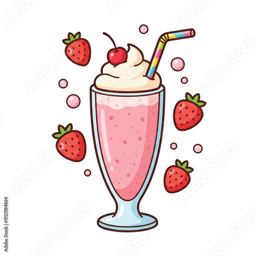 Fresh strawberry smoothie cocktail with cold milk and pink yogurt ice cream served in a glass as a healthy summer dessert beverage