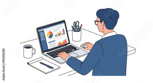 Man Analyzing Financial Charts on Laptop Illustration