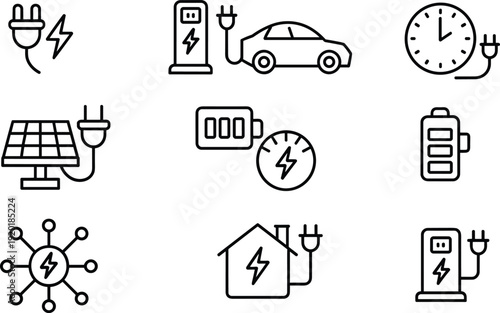 Electric energy and charging station line icons set isolated on white background, renewable power, battery and eco transport outline symbols