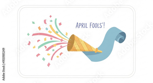 Colorful april fools' day celebration with party horn and confetti on white background