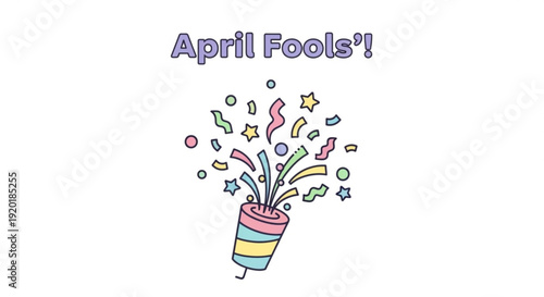 Colorful april fools' party popper explodes with confetti and stars on white background