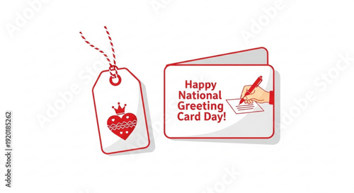 Heart shaped gift tag and greeting card for national greeting card day with red outline and text on white background