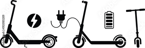 Electric scooter vector silhouette set with battery, plug and charging icons, modern eco friendly urban transport elements isolated for mobility design collection