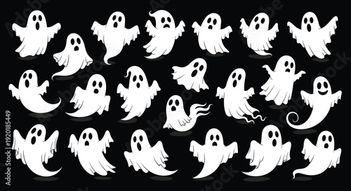 Cute white cartoon ghost characters collection isolated on black background for Halloween decorations spooky designs and playful horror illustrations
