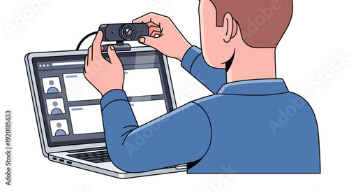 Man Setting Up Webcam for Online Meeting Illustration