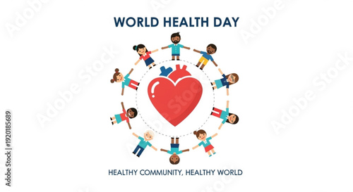 World health day illustration with diverse children forming a circle around a heart symbol