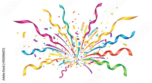 Colorful confetti and streamers burst outward against a white background. The festive display features vibrant red, blue, green, yellow, and pink ribbons.