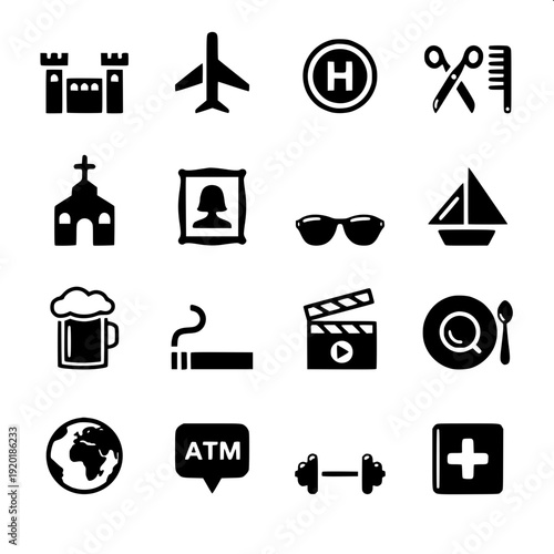Travel concept black outline suitcase with wheels, airplane takeoff icon above, simple white background