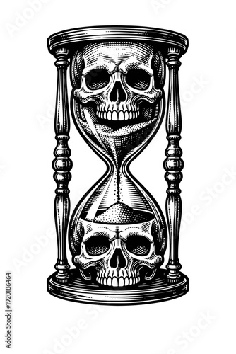 Vintage woodcut black and white illustration: Macabre hourglass with grinning human skulls forming top and bottom chambers, sand flowing, symbolizing relentless passage of time, inescapable mortality,