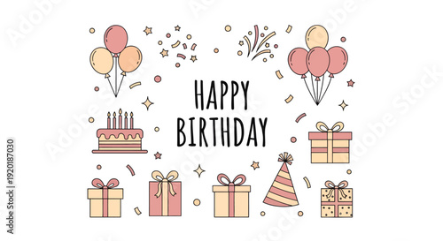 Festive Birthday Celebration with Balloons, Cake, and Gifts