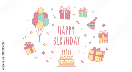 Festive Birthday Celebration with Gifts Balloons and Cake