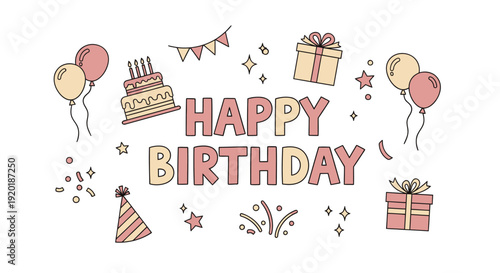 Festive Birthday Celebration Illustration with Cake, Balloons, and Gifts