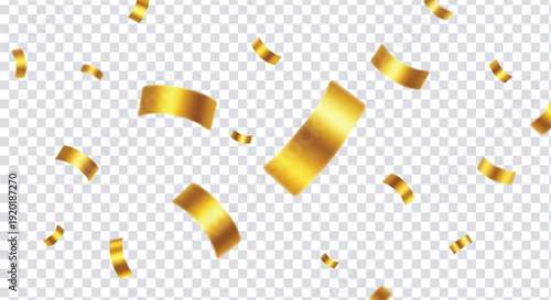 Floating gold confetti pieces on a transparent background, conveying a festive and celebratory atmosphere.
