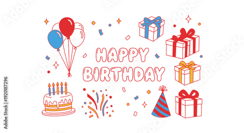 Birthday Celebration Elements with Balloons, Cake, and Gifts