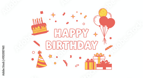 Festive Birthday Celebration Illustration with Balloons and Cake