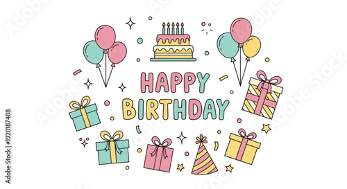 Colorful Happy Birthday Celebration with Balloons and Presents