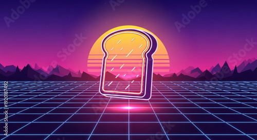 Neon lit slice of toast in futuristic grid landscape with sunset