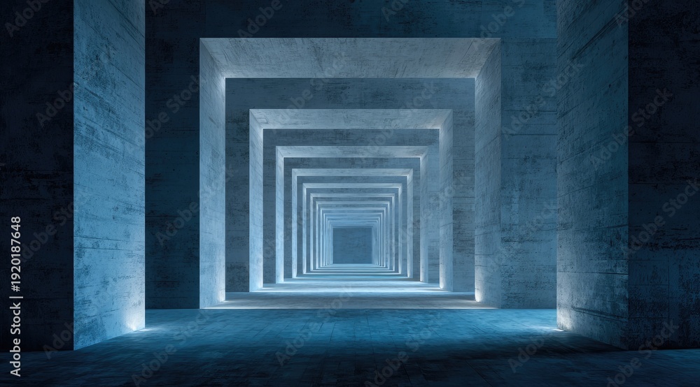 Fototapeta premium Geometric passage with receding square frames, bathed in cool blue light, minimalist architectural style