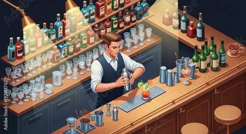 Bartender prepares cocktail at a well stocked bar with bottles and glasses