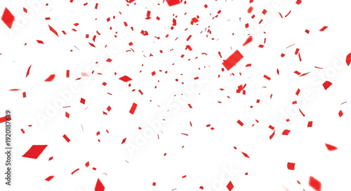 Red confetti pieces scattered on a white background, creating a festive and celebratory atmosphere. The motion suggests a dynamic, joyous scene.