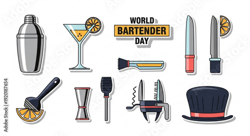 Bartender tools and cocktail icons for world bartender day mixology equipment