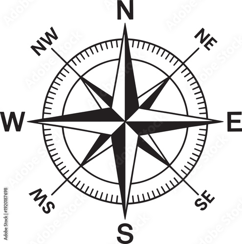 Black compass with direction indicators navigation north south