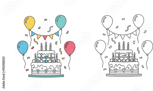 Birthday cake with balloons and bunting vector illustration, colorful and black and white outline coloring page
