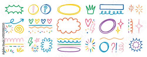 Playful doodle set with splashes exclamations and random elements, hand drawn