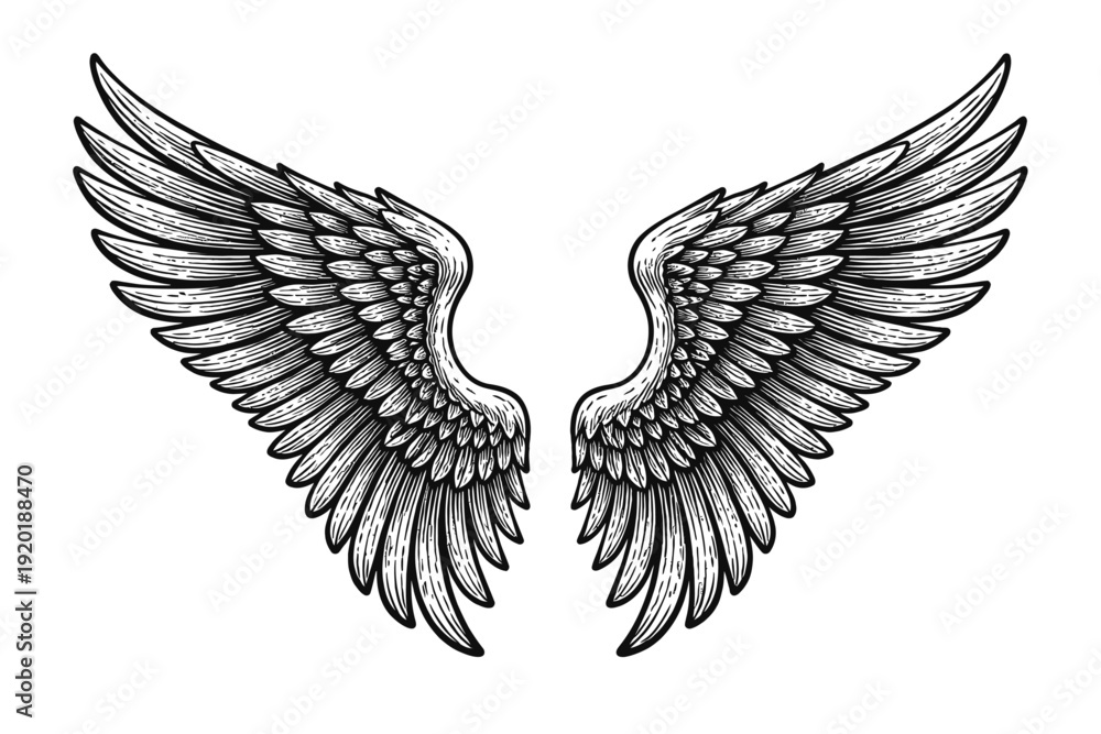 Obraz premium Exquisite Engraved Wings Illustration: Symmetrical Black and White Vintage-Style Art Piece, Majestic Feathered Design Symbolizing Freedom, Spiritual Ascent, Protection, and Divine Power, Ideal for Tat