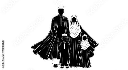 Family in Traditional Islamic Clothing Standing Together.