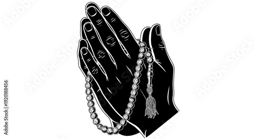 Hand holding prayer beads illustration.