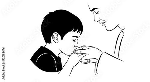 Man Feeding Young Boy Food by Hand.
