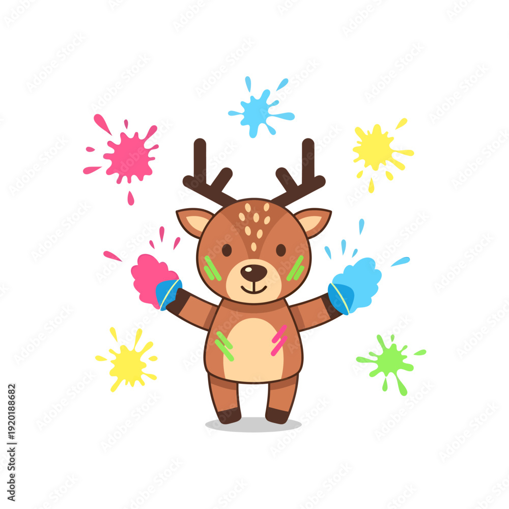 Fototapeta premium Cute Cartoon Reindeer with Colorful Paint Splashes