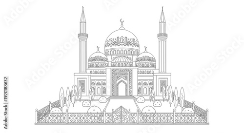 Taj Mahal Architectural Illustration Detailed Drawing.