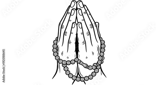 Praying Hands with Rosary Beads Illustration.