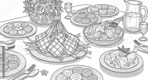 Table Setting with Food and Drinks.