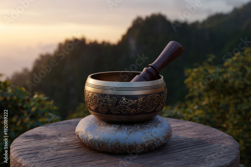 singing bowl in the mountains at sunset