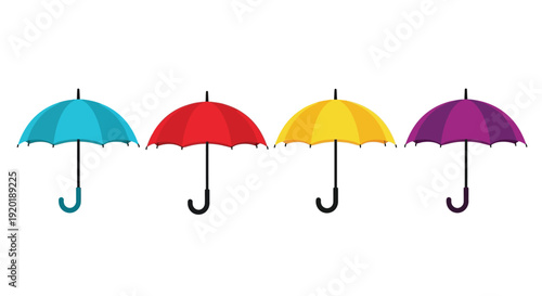 A row of four open colorful umbrellas in cyan red yellow and purple isolated on a plain white background suggesting rainy day protection and vibrant weather accessories