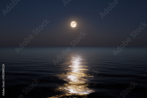 Full moon over the sea at night. The moon is reflected in the water.